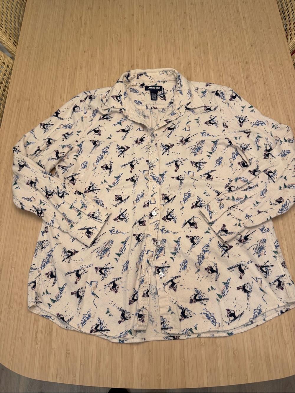 Lands' End Cream Flannel Button-Down Shirt with Colorful Novelty Skier Print